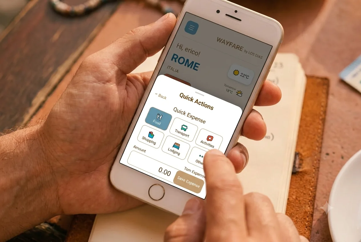 Mano sosteniendo un móvil con la app Wayfare abierta en Roma para controlar los gastos del viaje