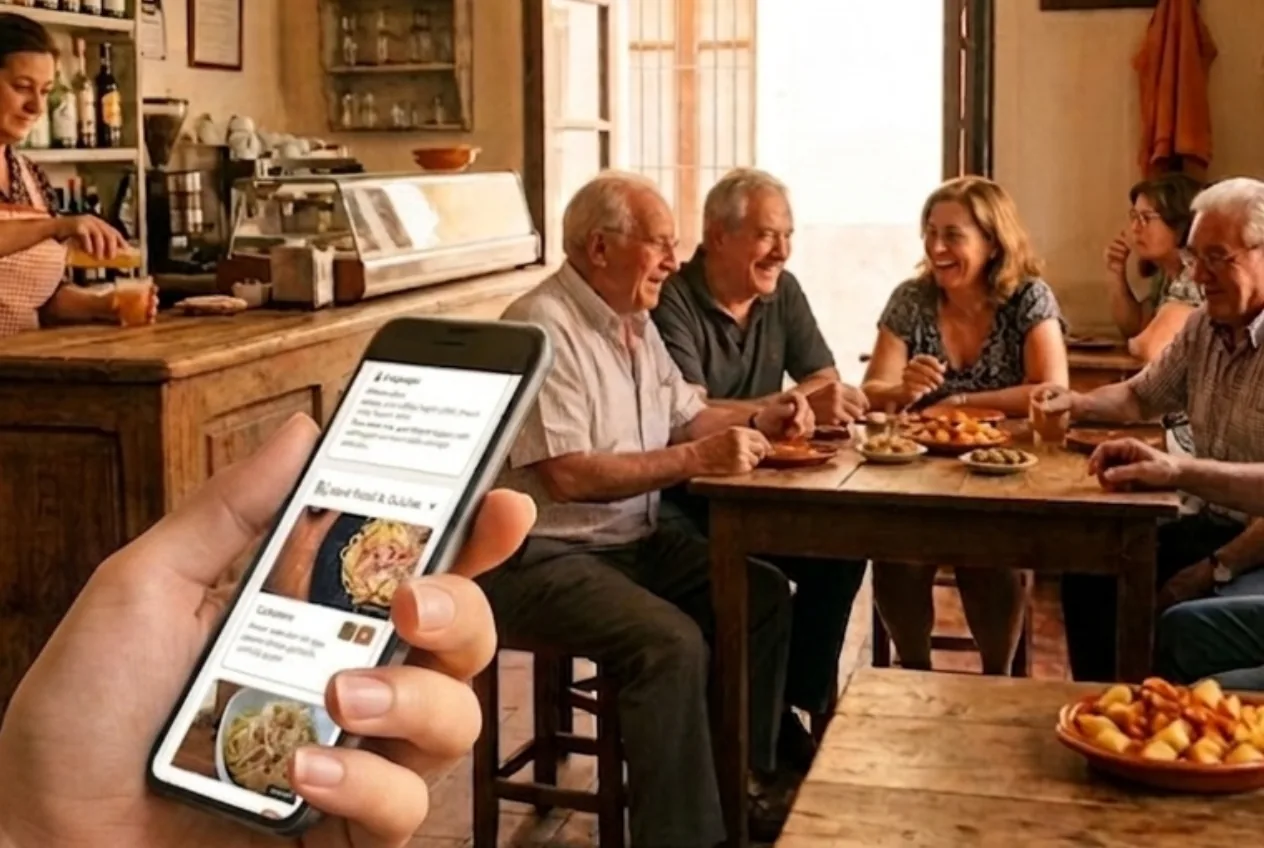Mano sosteniendo un móvil con la guía de gastronomía local de Wayfare en una taberna de barrio con comensales al fondo