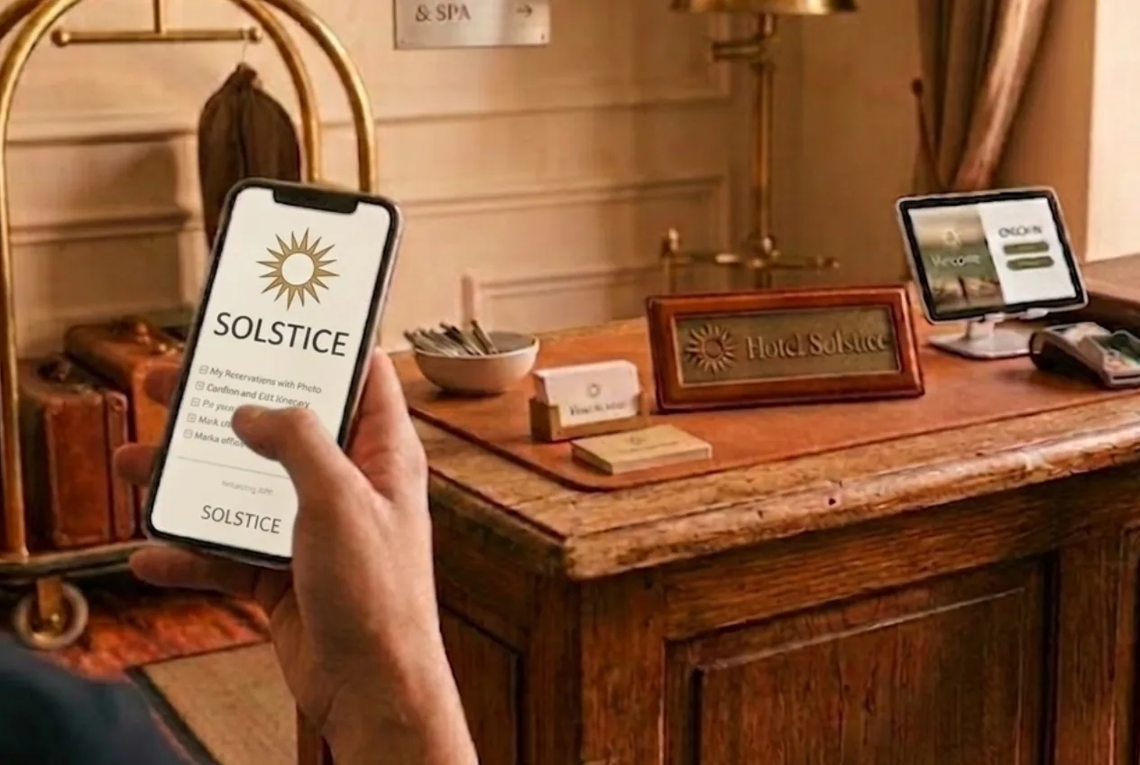 Hand holding a phone with the hotel's branded digital guide (Solstice) next to the reception desk