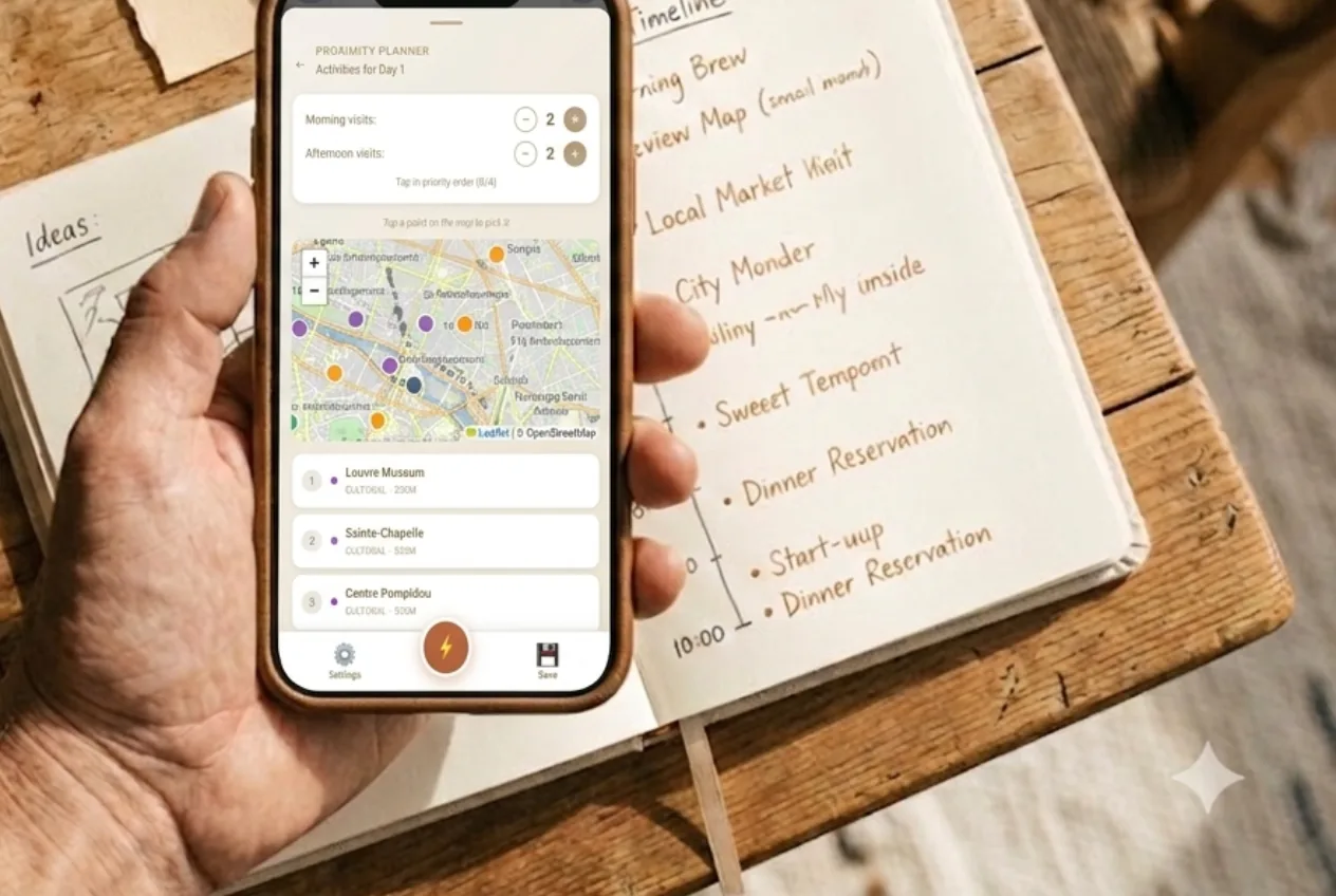 Mano sosteniendo un móvil con el planificador por proximidad de Wayfare: un mapa con puntos y las actividades del día repartidas en visitas de mañana y tarde
