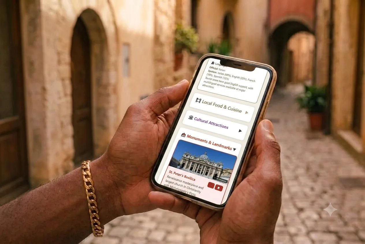 Manos sosteniendo un móvil con la guía de ciudad de Wayfare abierta —gastronomía local, atracciones culturales y monumentos— en una callejuela de casco antiguo