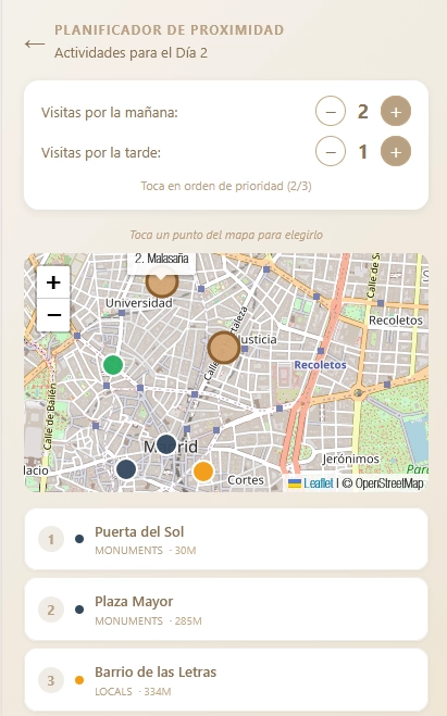 WAYFARE — Planificador de Proximidad: mapa OpenStreetMap con marcadores de actividades y panel de slots mañana/tarde